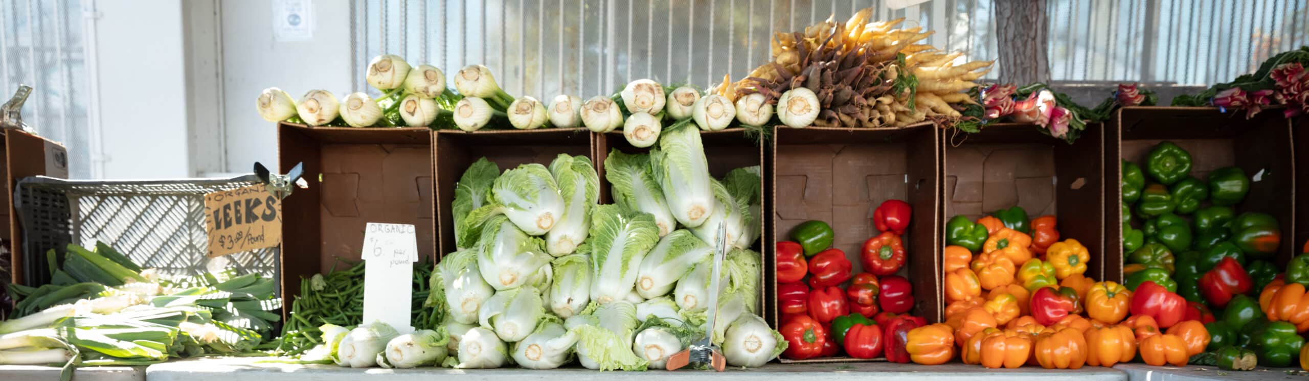 Vegetables on display at a farmers market